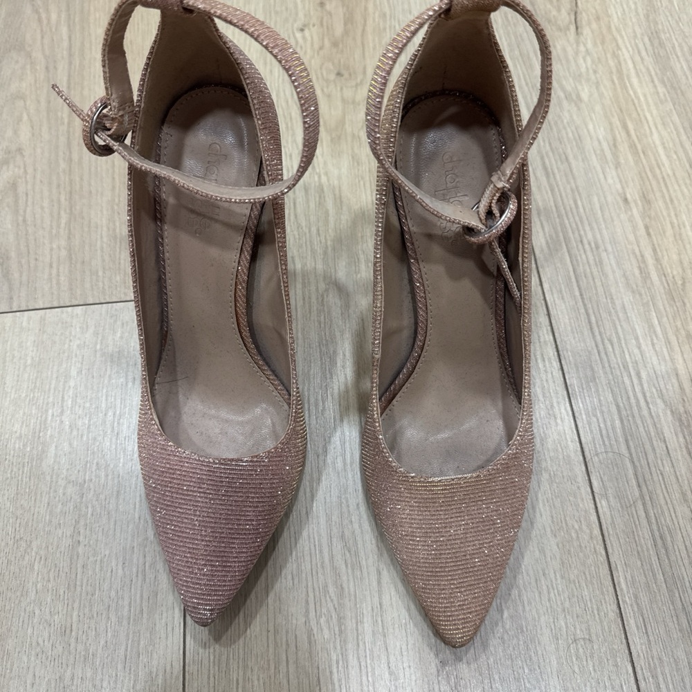 Charlotte Russe Sparkle Pointed Toe Ankle Strap Heels in Rose